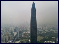 KK100, currently Shenzhen's tallest building (until 2016), was built in 2011 and also has an observation deck. It stands 442 m tall and has 100 floors. Views from Shun Hing Square. See more in the skyline section.